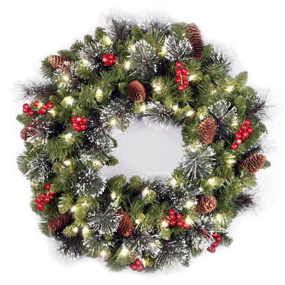 National Tree Company 24 in Pre-Lit Crestwood Spruce Artificial Christmas Wreath, Christmas Decoration with Glitter, Pinecones, Red Berries, 50 Clear LED Lights, 160 Tips