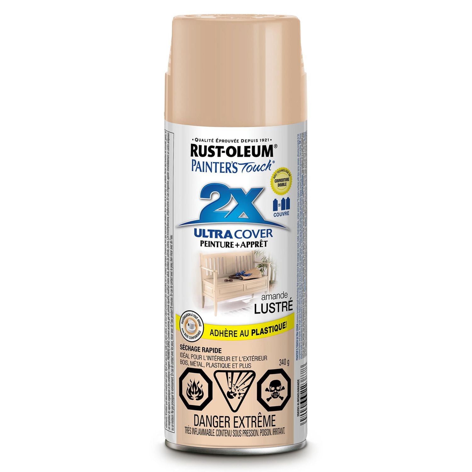 Peinture et apprêt tout usage Rust-Oleum Painter's Touch 2X Ultra Cover en aérosol, finition brillante amande, 340g