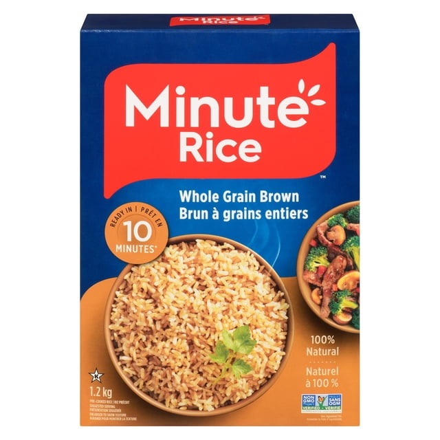 Minute Rice Quick Cook Wholegrain Brown Rice 1.2 kg box with blue and orange packaging, featuring a bowl of cooked brown rice garnished with a green herb, labeled ready in 10 minutes, 100% natural, gluten-free, kosher, and non-GMO verified, ideal for quick, nutritious meals.