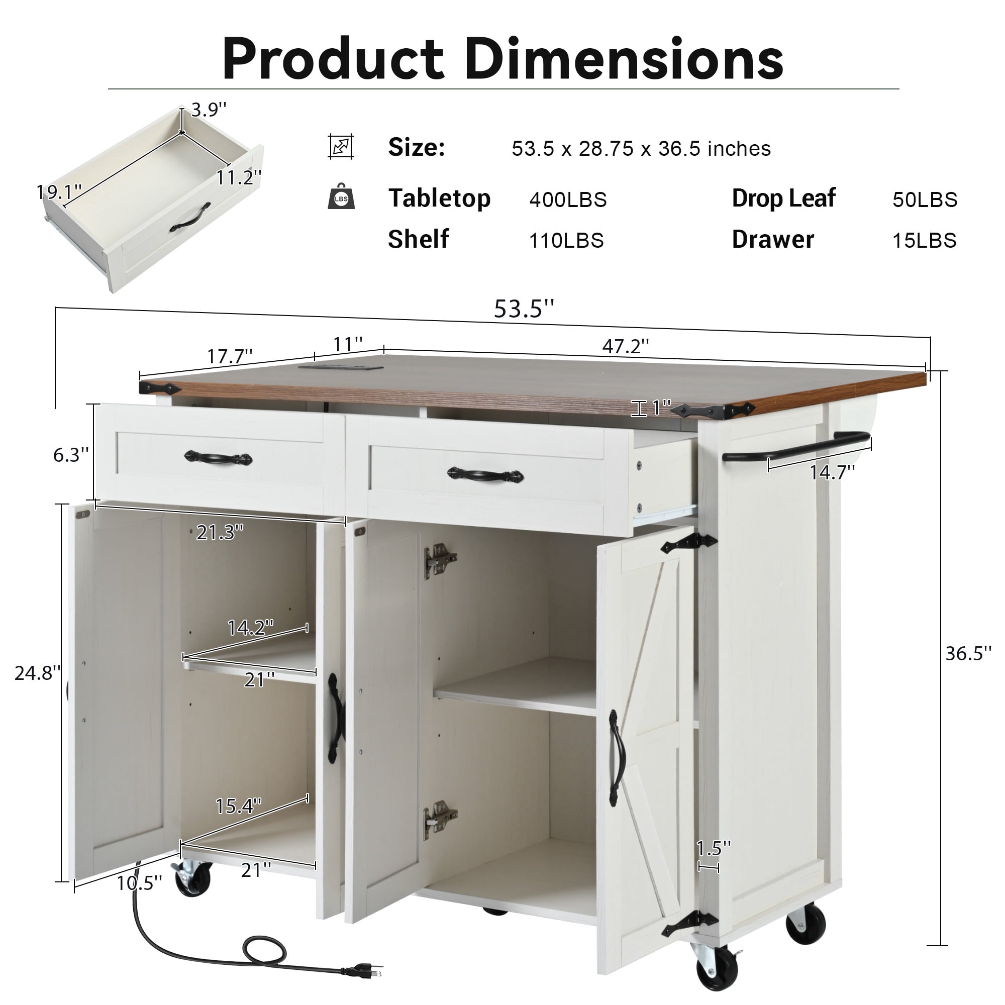 Homy Casa 53 Inch Farmhouse Style Kitchen Island with Power Outlet, Foldable Countertop, Spice Rack, Drawers, and Wheels – White
