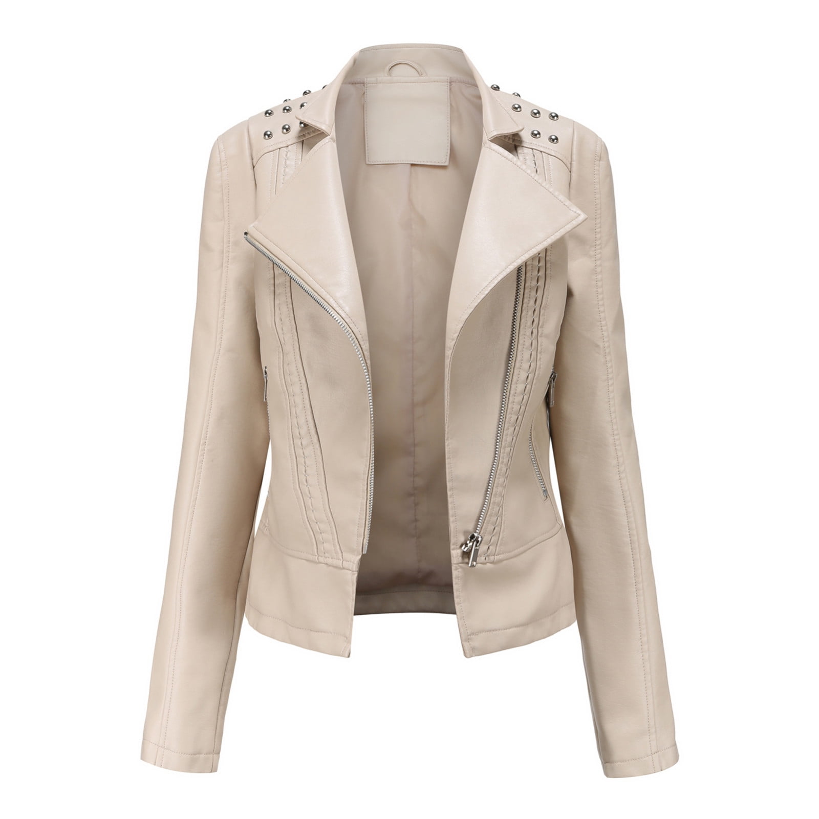 WEIYLL Womens Fleece Jackets Leather Motorcycle Short Lightweight Pleather Crop Beige Ladies Fall Tops And Blouses Size L