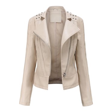 DondPO Leather Jacket Women Women Leather Jacket Faux Motorcycle Coat Short Lightweight Pleather Crop Coat Fashion ZIpper Leather Jacket Leather Blazer Women Black Leather Jacket Beige L Clearance！