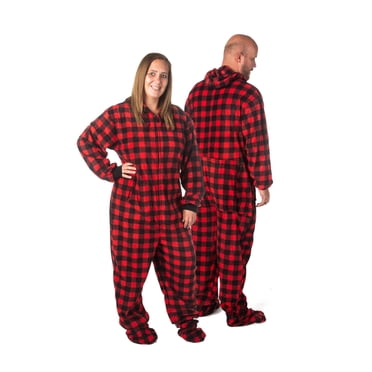 Hoodie Footed Buffalo Red Black Fleece Adult Onepiece Pajama with DropSeat