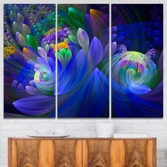 Design Art Bouquet de Fleurs Fractales Bleues Floral Grande Impression d'Art Abstraite sur Toile avec Toile Enveloppante à Trois Panneaux Mettant en Vedette des Motifs Floraux Fractaux Vibrants en Bleu, Vert, Violet et Jaune sur Toile de Coton de Haute Qualité, Prêt à Accrocher et Convient à la Décoration Murale Moderne de la Maison Ou du Bureau.