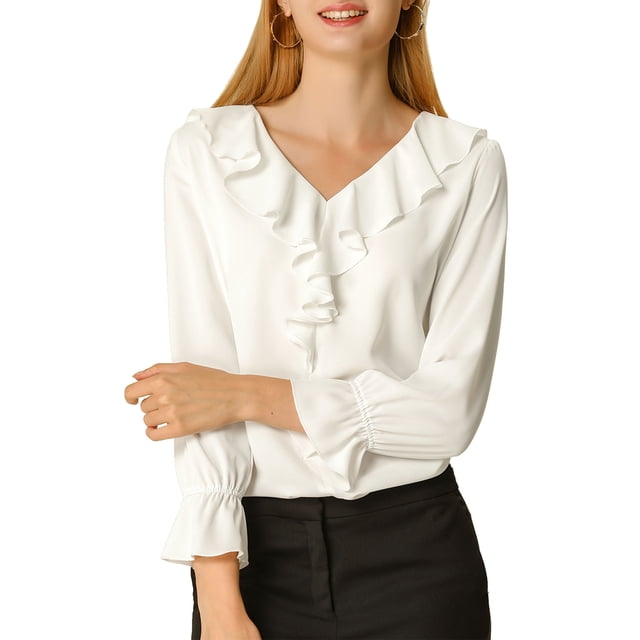 INSPIRE CHIC Blouse à Volants pour Femme pour la Rentrée, Élégante pour le Travail, Col en V, Manches Longues, Haut Habillé, Blanc, P
