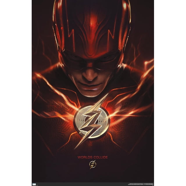 DC Comics Movie The Flash - The Flash One Sheet Wall Poster, 22.375" x 34" featuring a centered close-up of The Flash's red suit chest with a metallic gold lightning bolt emblem glowing with electric energy on a dark background and the text 'Worlds Collide' below.