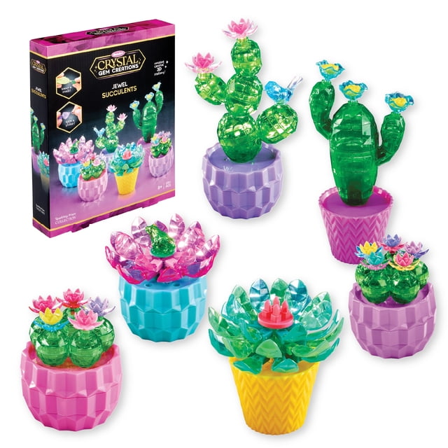 Crystal Gem Creations Jewel Succulents Kit by RoseArt with 175 pieces to build six colorful 3D crystal-like succulent plants in snap-together pots of purple, pink, blue, and yellow, perfect for creative arts and crafts for ages 8 and up.