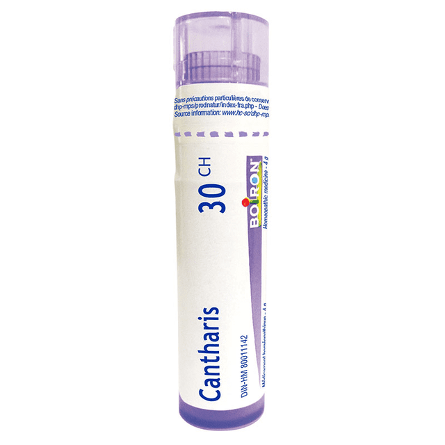 Boiron Cantharis 30CH – Homeopathic Medicine | 80 Pellets (4 g Tube) Front-facing 4 g white plastic tube labeled Boiron Cantharis 30CH with cap, showing 80 small round pellets; homeopathic remedy with single active ingredient Cantharis, non-drowsy, preservative- and dye-free, dissolves under the tongue, manufactured by Boiron Canada Inc.