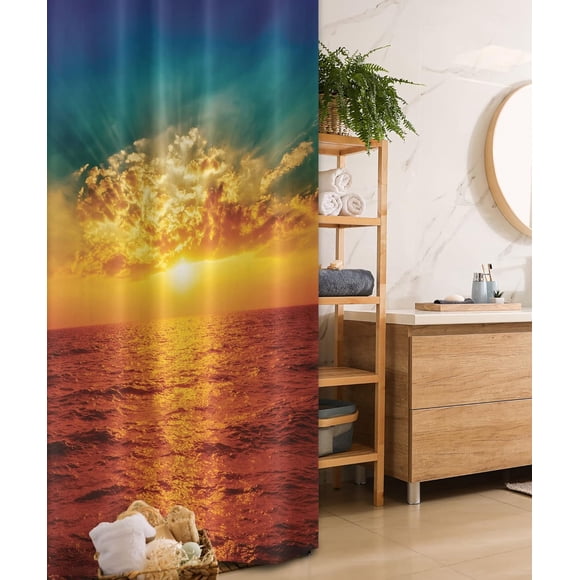 Rideau de Douche Ocean Stall, Nuages au Coucher du Soleil Bord de Mer Exotique avec Rayons de Soleil Vue du Soir Image Imprimée Art, Ensemble de Déco de Salle de Bain en Tissu avec Crochets, 36 Pouces L x 72 Pouces H, Orange Brûlé Sarcelle Bleu Ciel