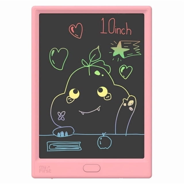 myFirst Sketch Pro Neo - Écriture LCD Tablet en Rose avec un Écran de 10 Pouces Sensible à la Pression Montrant des Gribouillages Colorés Incluant des Cœurs, une Étoile et un Personnage de Dessin Animé aux Yeux Jaunes, Idéal pour le Dessin des Enfants, la Prise de Notes et le Jeu Créatif.