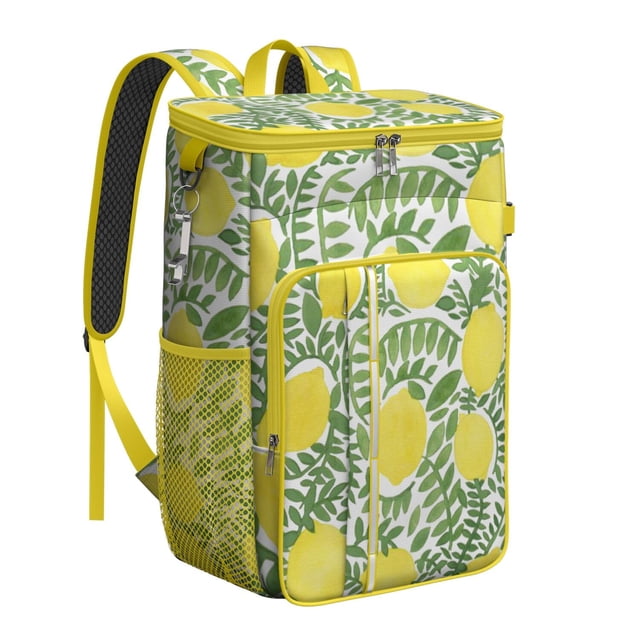 Floral Lemon Print Backpack Cooler, Insulated Leakproof Lunch Bag for Tropical and Summer Activities