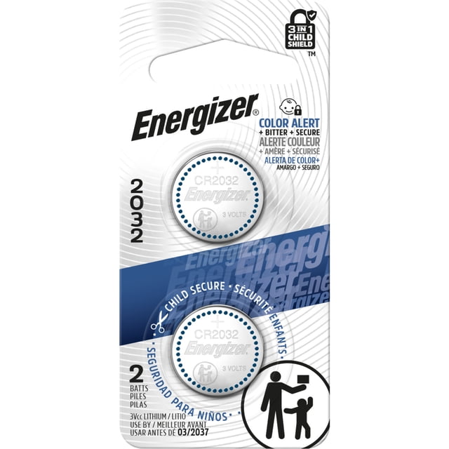Energizer 2032 Batteries (2 Pack), 3V lithium coin batteries in child-resistant packaging with color alert and bitter secure coating, each battery labeled CR2032 and 3 volts, designed to prevent child ingestion and ensure safe use.