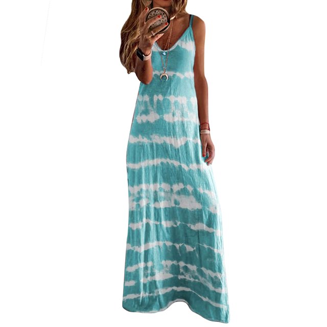 LUXUR Robe Longue Femme Sans Manches Robe d'Été Col en V Maxi Robes Ample Teinture sur Nœuds Bleu Ciel 4TG