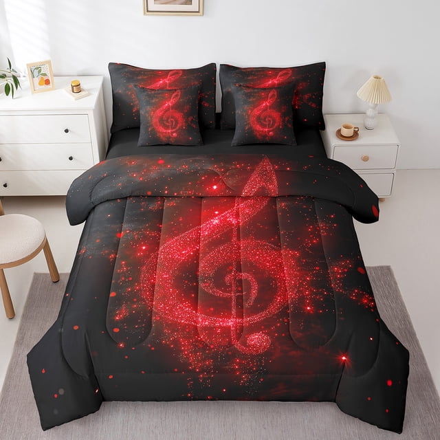 Ensemble de Literie Complet à Note Musicale 7 Pcs, Ensemble de Couette Chic à Imprimé de Paillettes Rouges Étoilées (Non Réelles) avec Draps pour Enfants, Ensemble de Lit Mode Romantique à Thème Musique Scintillant dans un Sac avec Housses d'Oreiller