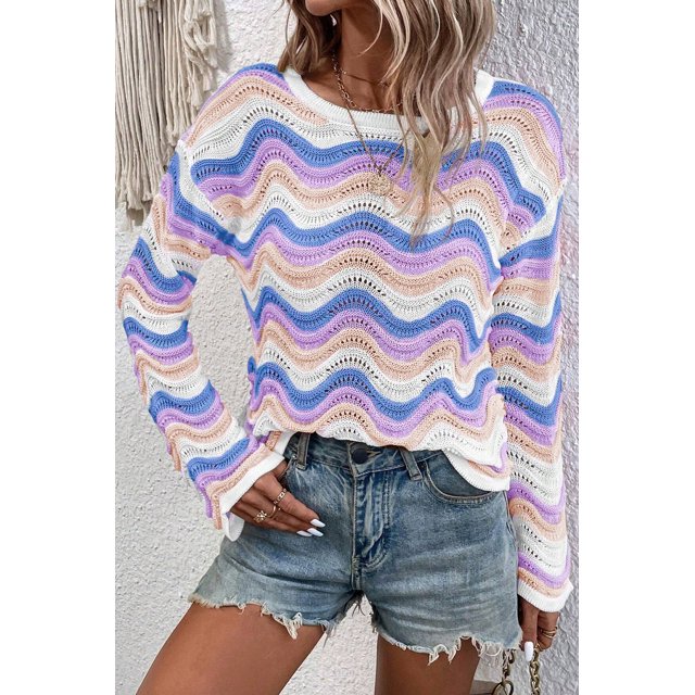 a.Jesdani Purple Stripe Drop Shoulder Sweater - Flowy Long Sleeves