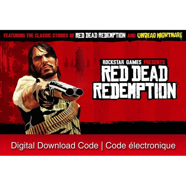 Red Dead Redemption - Nintendo Switch digital code cover art featuring a western outlaw aiming a double-barreled shotgun, wearing a bullet bandolier, set against a red background with horse rider silhouettes and text highlighting the classic stories of Red Dead Redemption and Undead Nightmare.