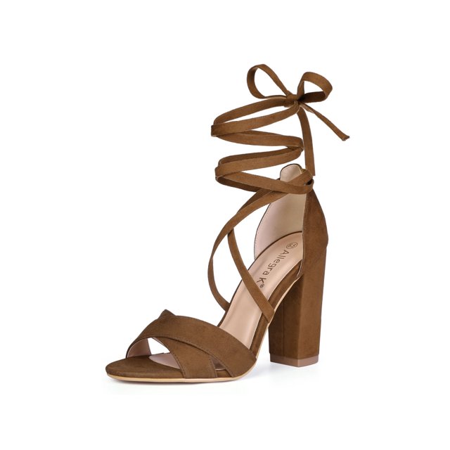 BLISSFUL STEP Sandales pour Femmes Unies à Brides Croisées Talons Blocs Talons Hauts Sandales à Lacets Brun 9.5