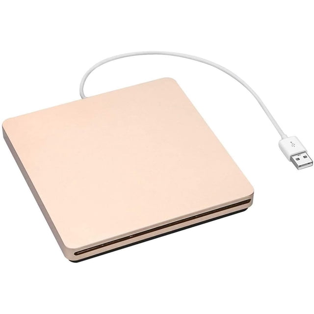 Lecteur DVD Externe USB 2.0 à Fente, Graveur VCD CD Mince, design Doré avec Mécanisme de Chargement à Fente. Ce Lecteur Optique Comprend un Câble USB pour une Fonctionnalité plug-and-play, compatible avec Mac OS et Windows ME/2000/XP/Vista/7. Dimensions : 14 x 14 x 1,4 cm.