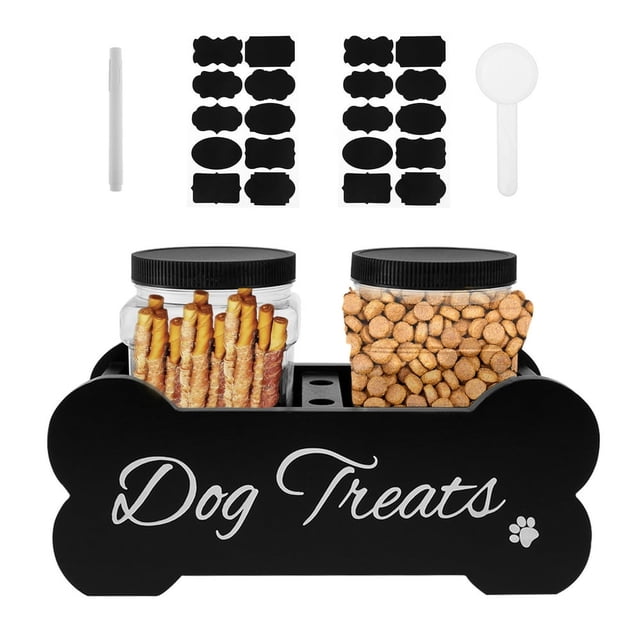 HLONK Dog Treat Container with 2 Plastic Treat Jars Wood Dog Food Container Bone Shape Dog Food Storage Container Practical Cat Food Container for Dog Food Storage Black