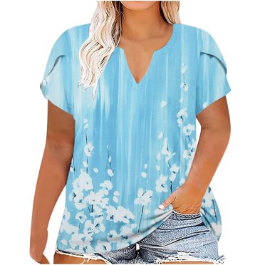 Pisexur Women's Plus Size Tops Floral Print Petal Sleeve Summer Tops Casual Loose Fit Flare Swing Tunic Tops Boho Basic T-Shirt Plus Size XL-5XL