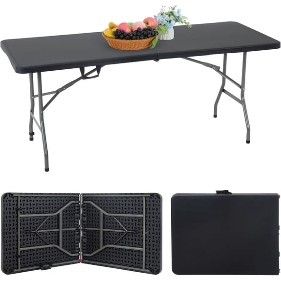 FDW 6-Foot Folding Table, Portable Heavy-Duty Fold-in-Half Event & Party Table (70" x 29"), Black