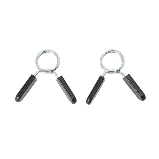 GoZone 2-pack Collar Clips – Steel, two chrome-plated steel spring collar clips with black rubberized handles shown front-facing on white background, designed for quick one-hand operation to secure 1-inch barbells and curl bars during weight training.