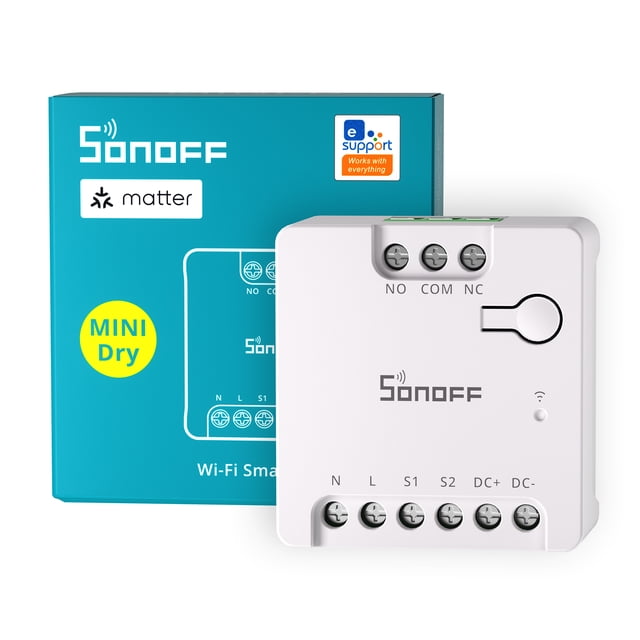 SONOFF MINI-D WiFi Smart Switch Dry Contact Relay Module shown with its packaging. The compact white module features labeled connection terminals for NO, COM, NC, N, L, S1, S2, DC+, and DC-. The packaging highlights compatibility with Matter protocol and smart home platforms like Alexa and Google Home. Designed for controlling garage doors, boilers, and other dry contact devices, it supports AC/DC input and offers remote and voice control.