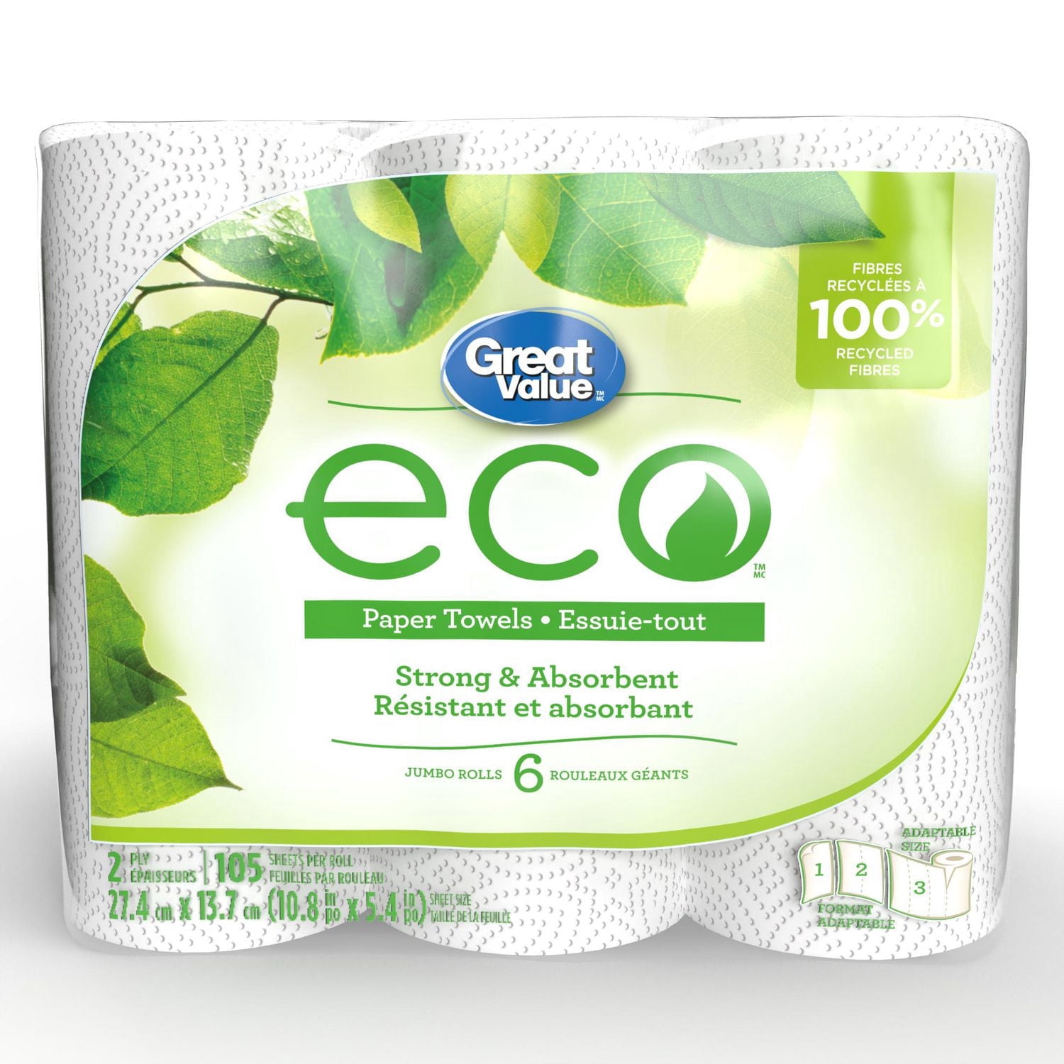 Great Value ECO Paper Towels, 6 Jumbo Rolls, 105 Sheets