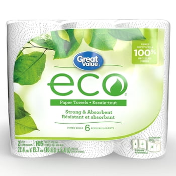 Great Value ECO Essuie-tout, 6 rouleaux jumbo, 105 feuilles