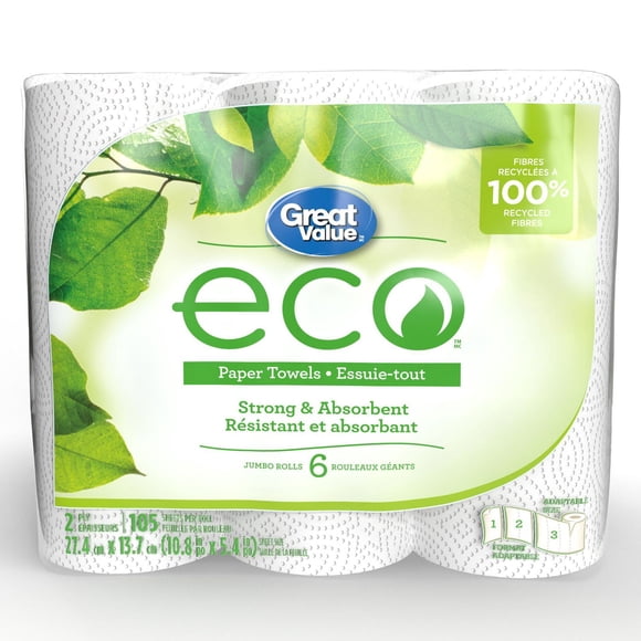 Great Value ECO Essuie-tout, 6 rouleaux jumbo, 105 feuilles