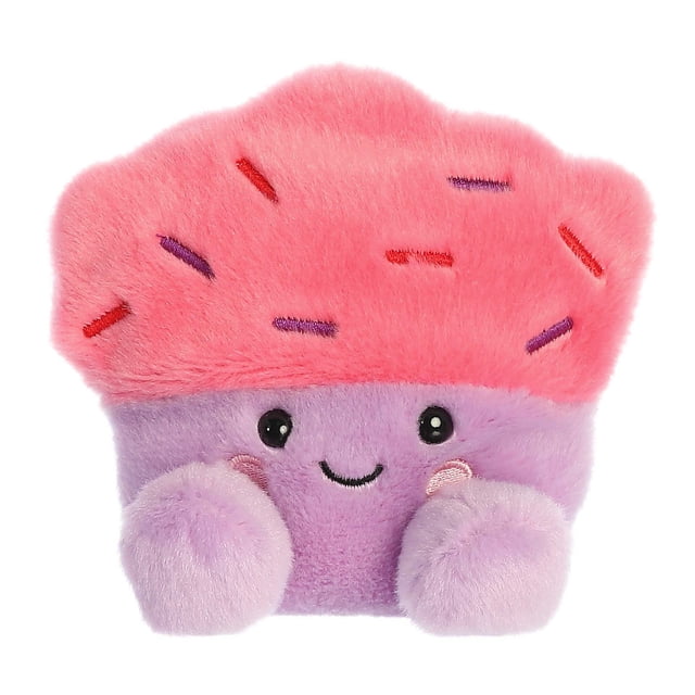 Aurora Palm Pals - Marzia Cupcake Peluche de 5 Pouces au design Doux et Duveteux. la Peluche en Forme de Cupcake a une Toupie Rose avec des Vermicelles Brodés et une base Violette avec un Visage Souriant et des Joues Qui Rougissent. Fabriquée avec des Matériaux de Haute Qualité et Remplie de Granules de Haricot pour la Stabilité, Cette Peluche Convient à Tous les Âges.