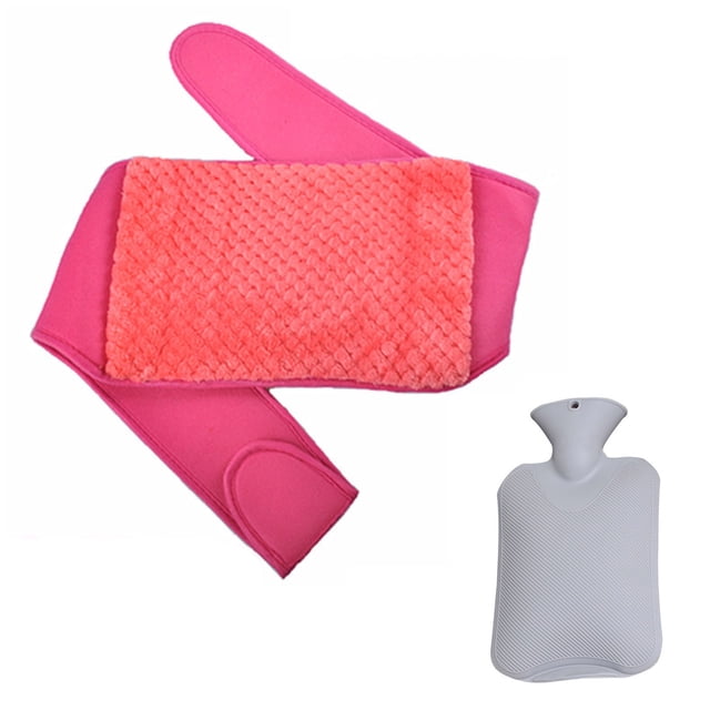 Hot Water Bottle with Cover Hot Water Bottle Belt Set Rubber Hot Water Bottle designed for pain relief and warmth. The set includes a 1000ml rubber hot water bottle with a wide mouth for easy filling and a secure screw cap to prevent leaks. It comes with a plush pink waist cover featuring super soft double inserts for added comfort and hand warmth. The belt measures 120 x 20 cm, and the bottle size is 25.5 x 16 cm. Suitable for hot or cold therapy, including use with crushed ice for cold treatments.