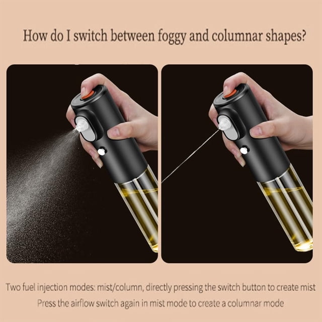 Zanvin Electrical Butter Sprayer with a 200ml/7.03oz capacity, displayed in mist and columnar spray modes. The black sprayer has a transparent container for butter or oil and a precision nozzle for controlled spraying. A versatile kitchen gadget suitable for popcorn, cooking, grilling, and more.