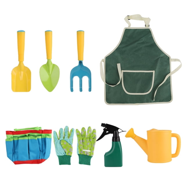 9Pcs Kids Gardening Tool Sets including a green apron, yellow and green shovel, blue rake, gardening gloves, a spray bottle, a yellow watering can, and a colorful canvas bag with pockets. This educational gardening kit is designed for children aged 3 to 8, featuring child-safe tools for pretend play and gardening activities.