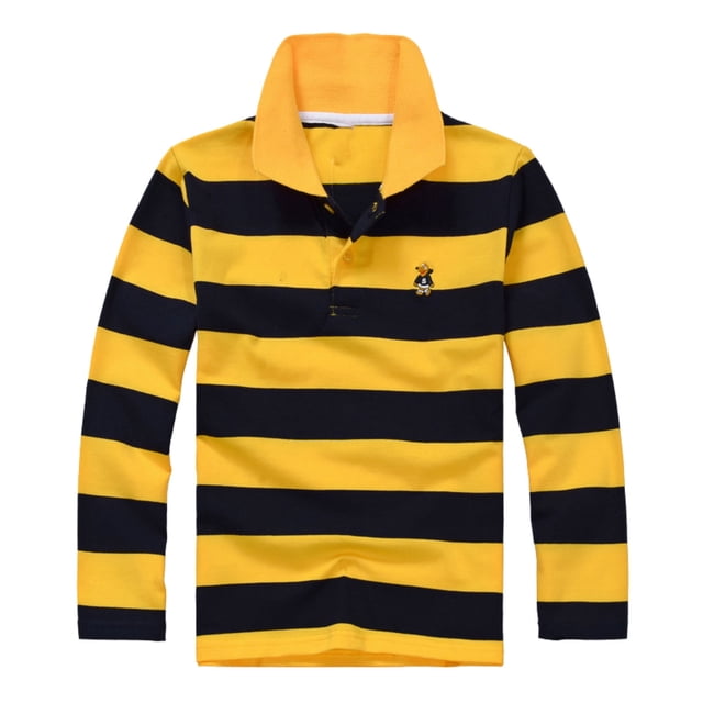 Chemises Polo pour Garçons à Rayures, Chemise à Col, Chemise de Rugby Boutonnée, Chemise à Manches Courtes pour Garçon 3-4 Ans, Mode Garçons. une Chemise Polo à Manches Longues avec des Rayures Horizontales Jaunes et Bleu Marine Audacieuses, un Col Boutonné et un Petit logo Brodé sur la Poitrine. Fabriquée en Tissu Doux et Respirant, Idéale pour les Tenues Décontractées des Garçons, les Uniformes Scolaires Ou les Activités de Plein Air.