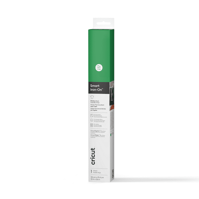 Cricut® Smart Iron-On™ Matless Heat Transfer Vinyl (3 ft), Grass green roll in vertical packaging with white and green label, optimized for heat transfer vinyl crafting without a machine mat, measuring 13 inches by 3 feet, suitable for personalizing fabrics like T-shirts and backpacks.