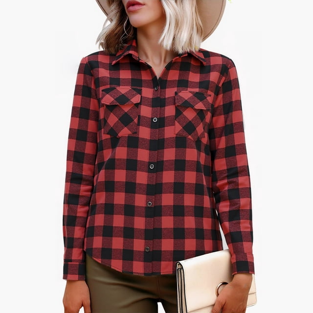 Plaid Collared Shirts for Womens, Flannel Fall Button Down Blouses