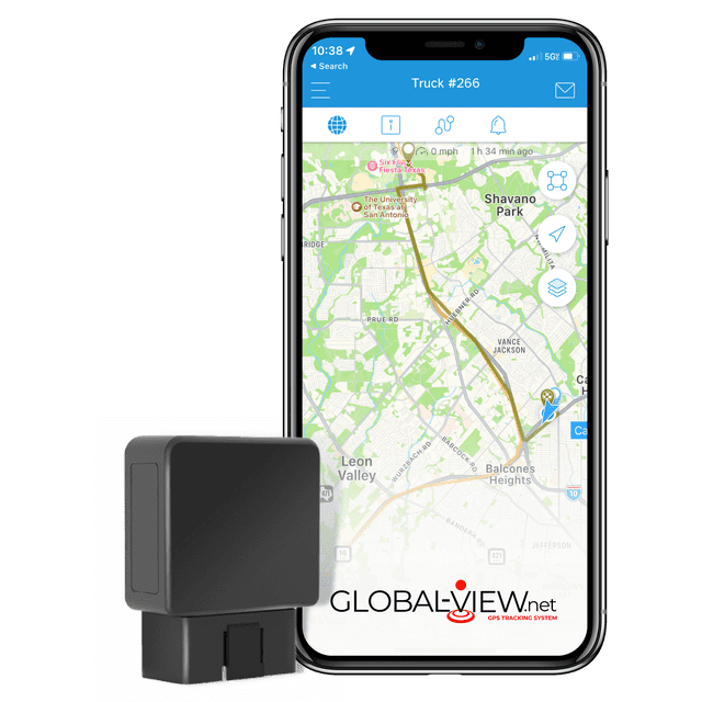Global-View.Net OBD car GPS tracker and system, shown with a compact black device and a smartphone displaying real-time vehicle tracking on a map. Designed for vehicles 1996 or newer, it offers worldwide coverage, real-time updates, and alerts via mobile apps and desktop software. Easy 10-second installation by plugging into the OBD port. Subscription required.