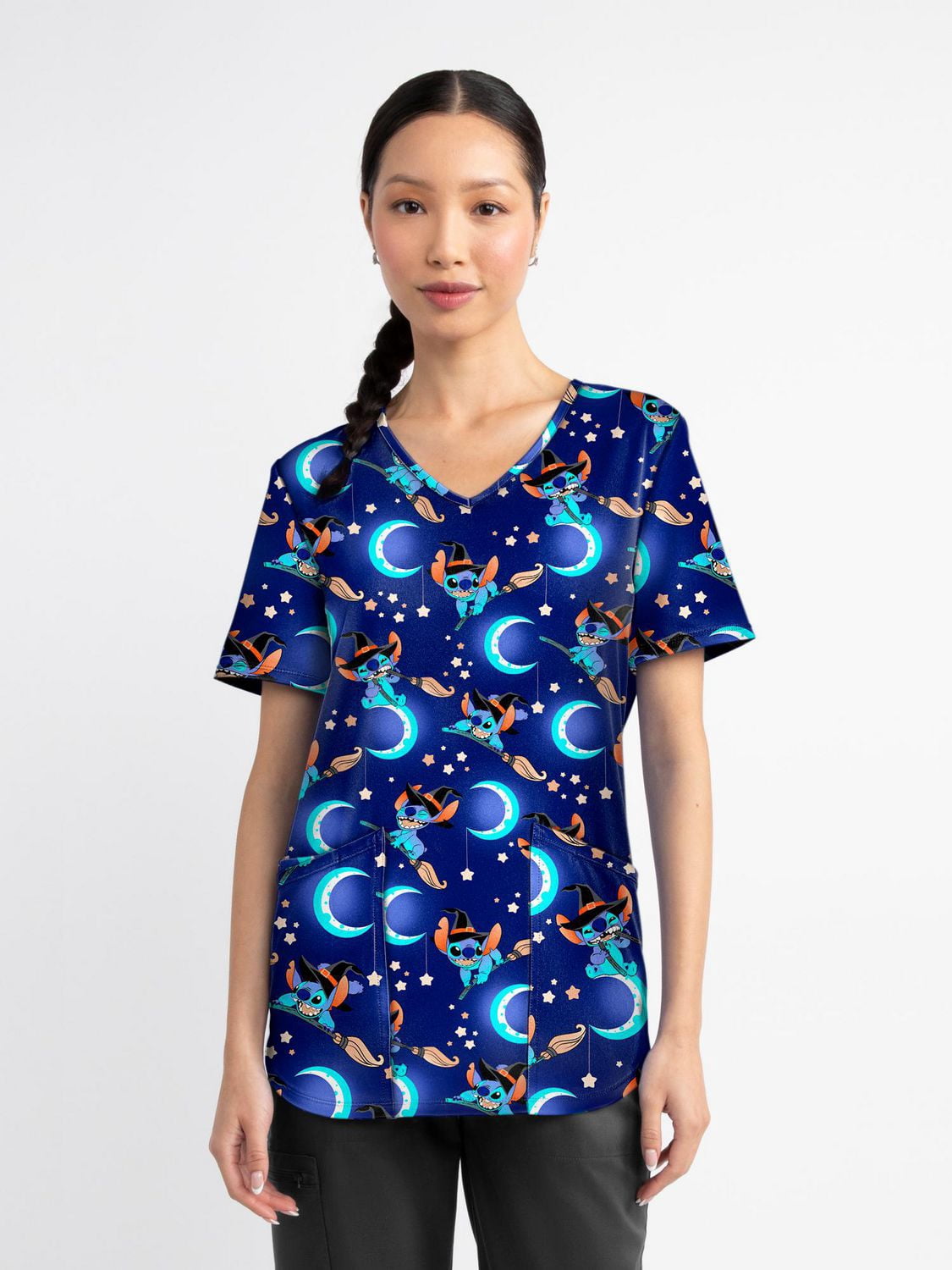 Scrubstar Fashion Collection Women’s Spooky Space Print V-Neck Scrub Top, Sizes XS–3XL