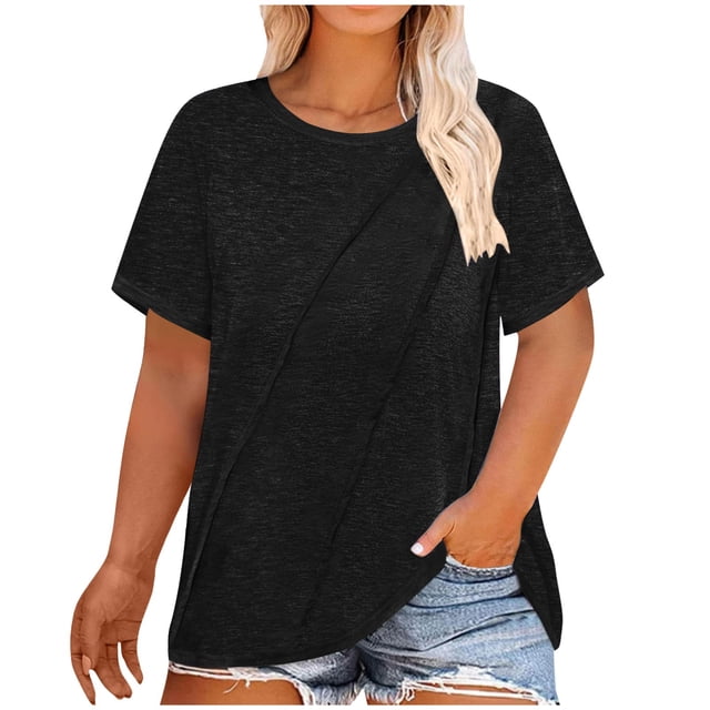 Plebaso Hauts Décontractés pour Femmes T-Shirts Plissés à Manches Courtes Col Rond Tee Confortable Chemisiers d'Été pour Femmes