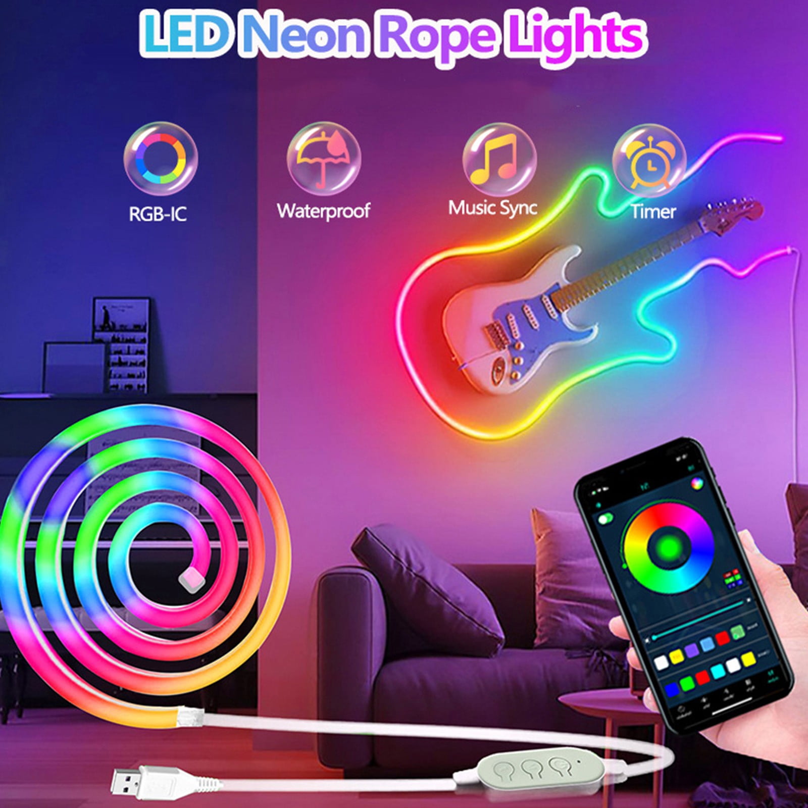 Bluetooth Neon LED Strip, Flexible RGB Light, App/Remote Control, Music Sync, Indoor/Outdoor Party Decoration, Cuttable Design, Waterproof, 1M Length, DIY Home Ambiance Lighting