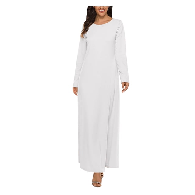 AherBiu Robe Maxi à Manches Longues pour Femmes, Col Ras du Cou, T-Shirt Basique, Décontractée, Ample, Grande