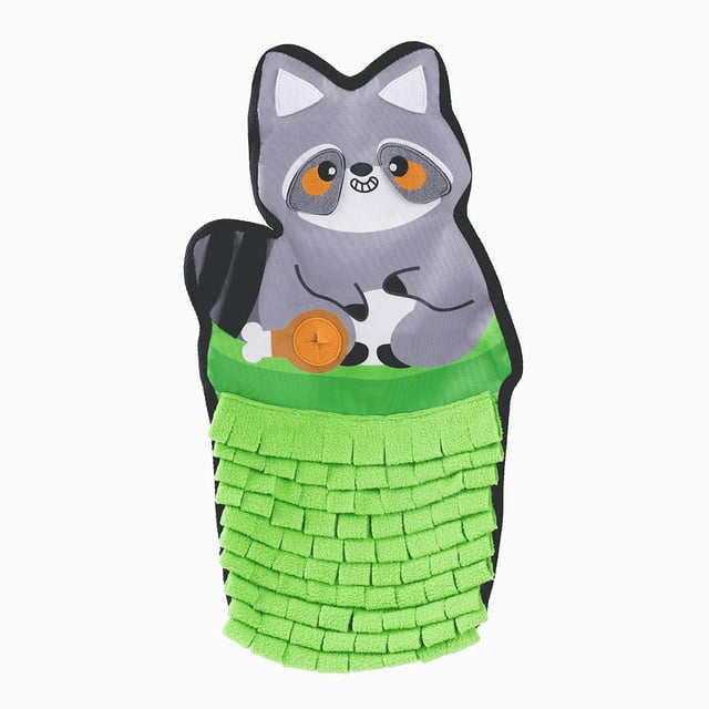 Hugsmart Raccoon Snuffle Mat Dog Plush Toy featuring a grey raccoon with orange eyes and a smiling face, with a green textured snuffle mat bottom for hiding treats to encourage foraging and mental stimulation in dogs, suitable for interactive play and enrichment.
