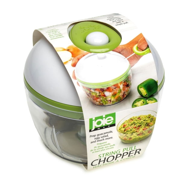 JOIE PULL CHOPPER food chopper with a clear plastic container and white lid featuring a green pull string handle, designed for chopping vegetables, fruit, and eggs by pulling the string, suitable for preparing guacamole, egg salad, and coleslaw.