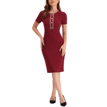 INSPIRE CHIC Robe Fourreau pour Femme de Travail/affaires à Bordure en Tweed, Col Rond, Manches Courtes, Bourgogne G