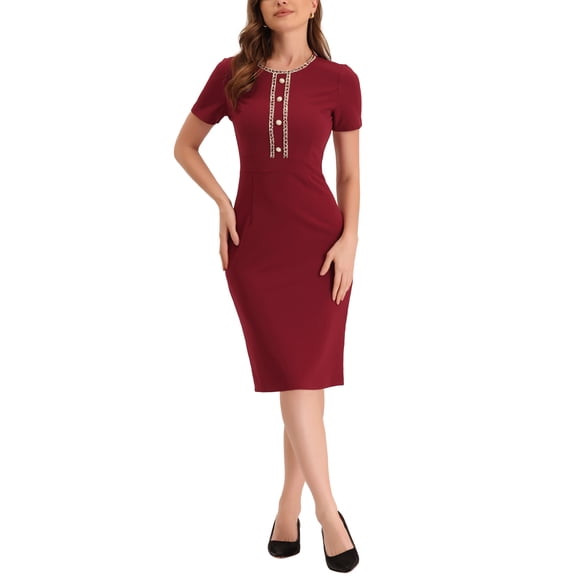 INSPIRE CHIC Women's Work Business Tweed Trim Round Neck Short Sleeve Sheath Dresses Burgundy L