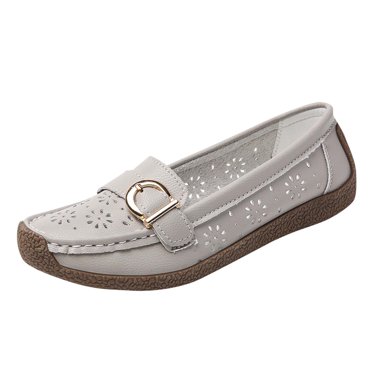 Xfvqtps Mocassins Respirants pour Femmes avec Design Ajouré, Semelle Épaisse Souple, Chaussures à Enfiler pour Femmes, Chaussures Plates Décontractées Confortables avec Boucle Métallique, Gris