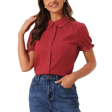 INSPIRE CHIC Hauts Vintage pour Femmes Col Peter Pan Chemisiers en Coton Boutonnés Rouge Foncé L