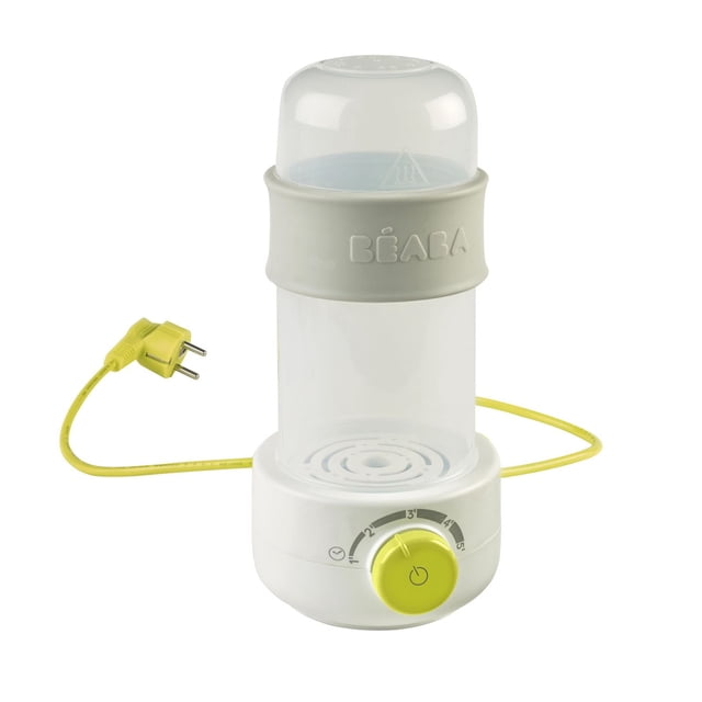 BEABA Chauffe-Biberon Ultra Rapide avec base Blanche et Chambre Supérieure Transparente, Bracelet en silicone Gris Embossé avec BEABA, Cadran Minuterie Jaune Marqué jusqu'à 5 minutes, et Cordon d'Alimentation Jaune avec Fiche à Deux Broches, Conçu pour un Chauffage Rapide et Précis du Biberon.