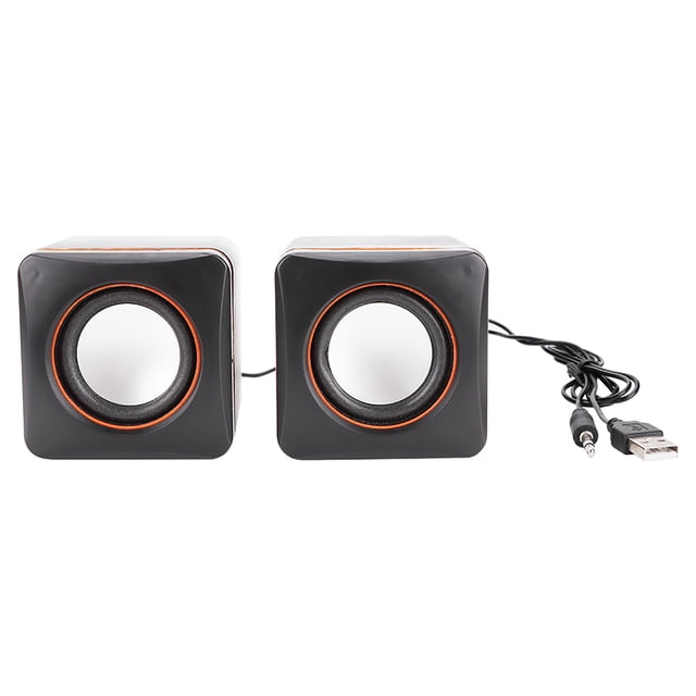 Desktop Speaker, USB Speaker, lightweight black pair designed for home, laptop, or office use. Compact and portable computer speakers with dual-track audio, 3W x 2 output power, and USB-powered functionality. Features a sleek black plastic design with orange accents and includes a USB power cord and audio jack, ideal for creating a mini sound system.